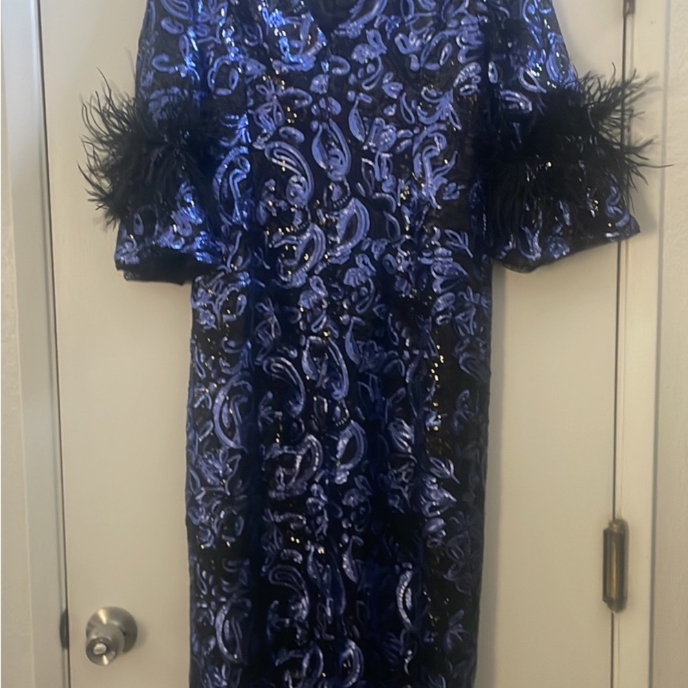 Adrianna Papell Navy Paisley Sequin Midi Dress with Feather Cuffs
